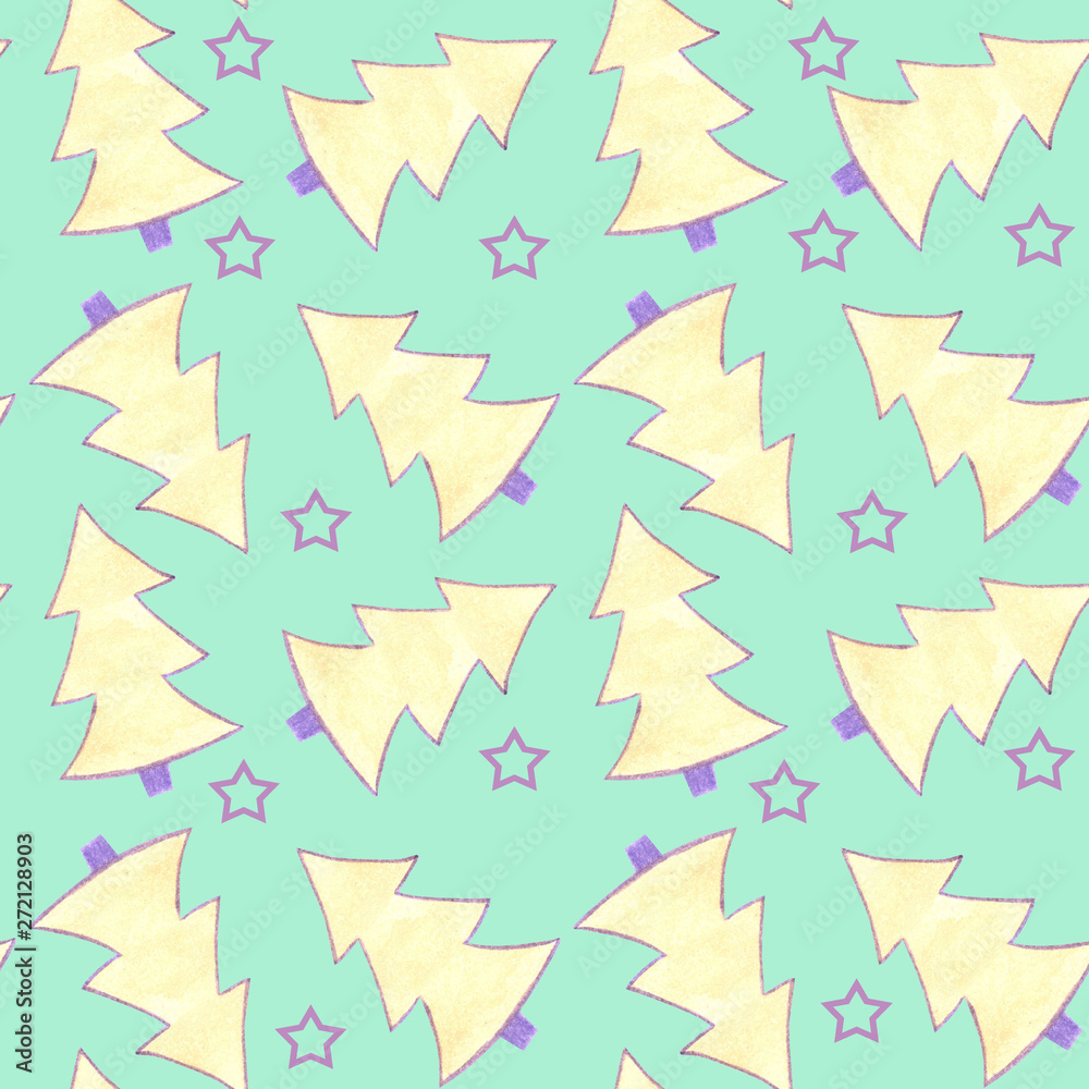 Pattern seamless watercolor with yellow and violet fir trees and violet stars on green background.Design element for card, scrapbook, invitation, children's goods and wallpaper