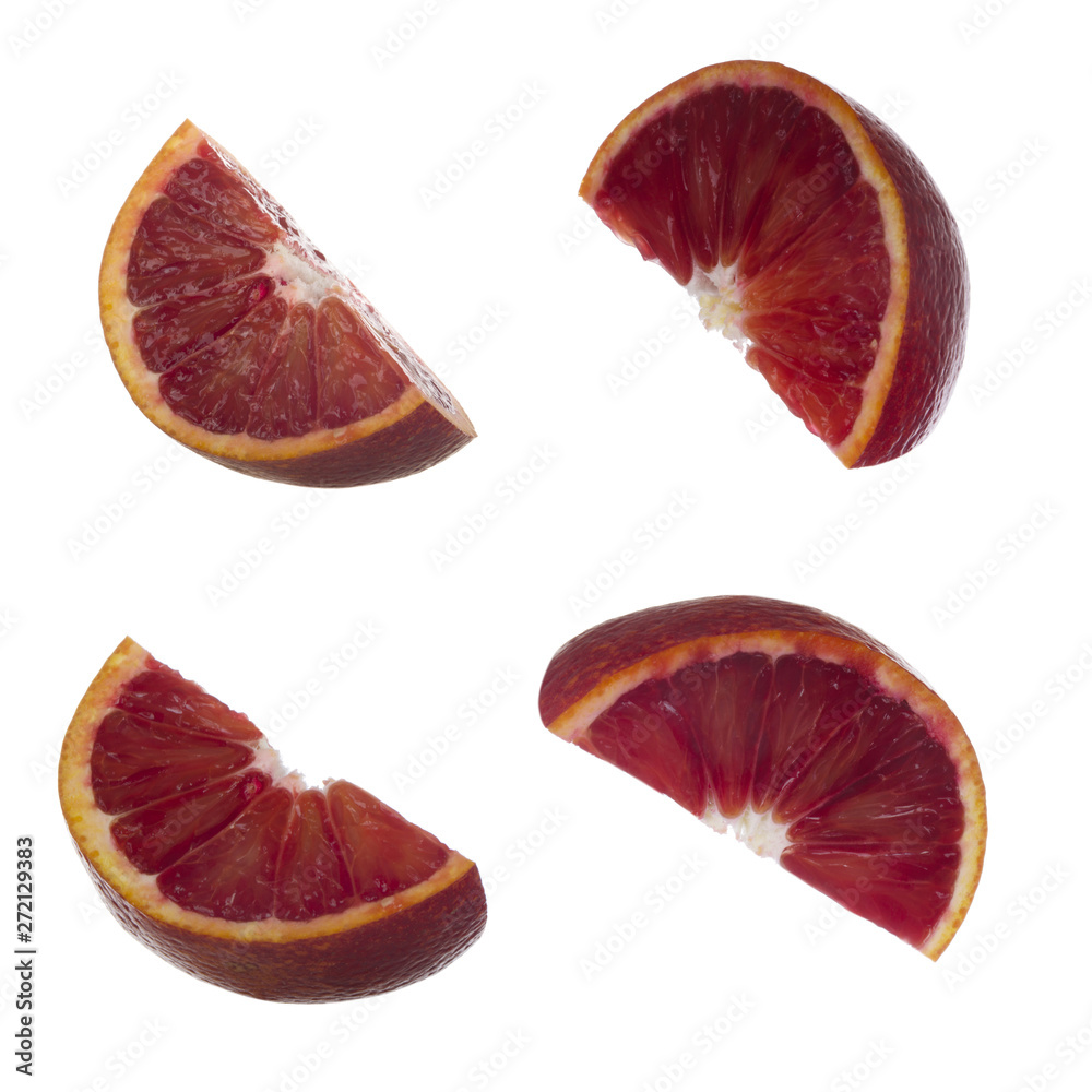 set of slices of red oranges isolated on white background set of slices of red oranges isolated on white background