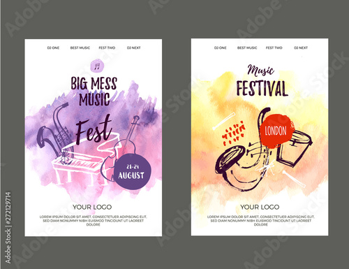 Vector print music poster set with watercolor stain and doodle icons. Abstract jazz background