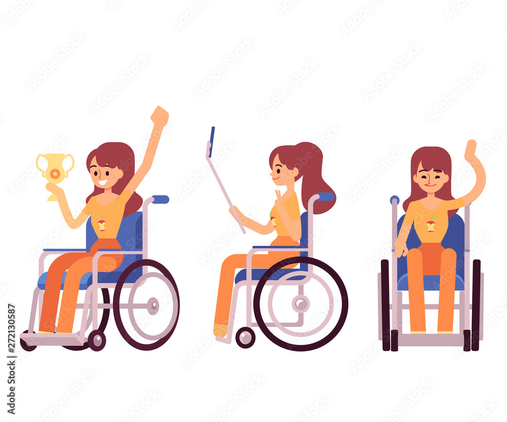 Happy woman in wheelchair - cartoon person with disability smiling and winning despite handicap Happy woman in wheelchair - cartoon person with disability smiling and winning despite handicap