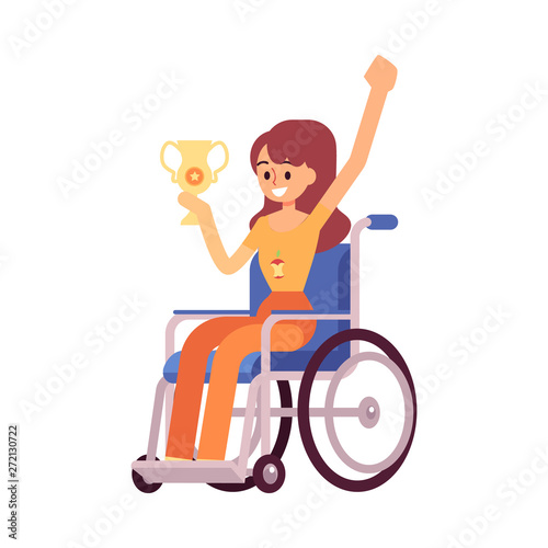 Disabled woman on the wheelchair with award cup flat vector illustration isolated.