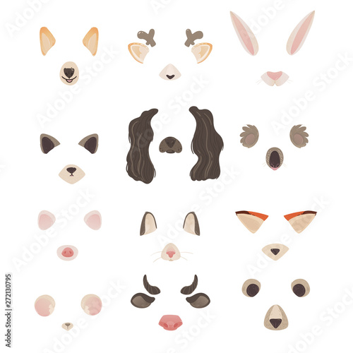 Set of animal ears and nose masks for photo and video effect cartoon style