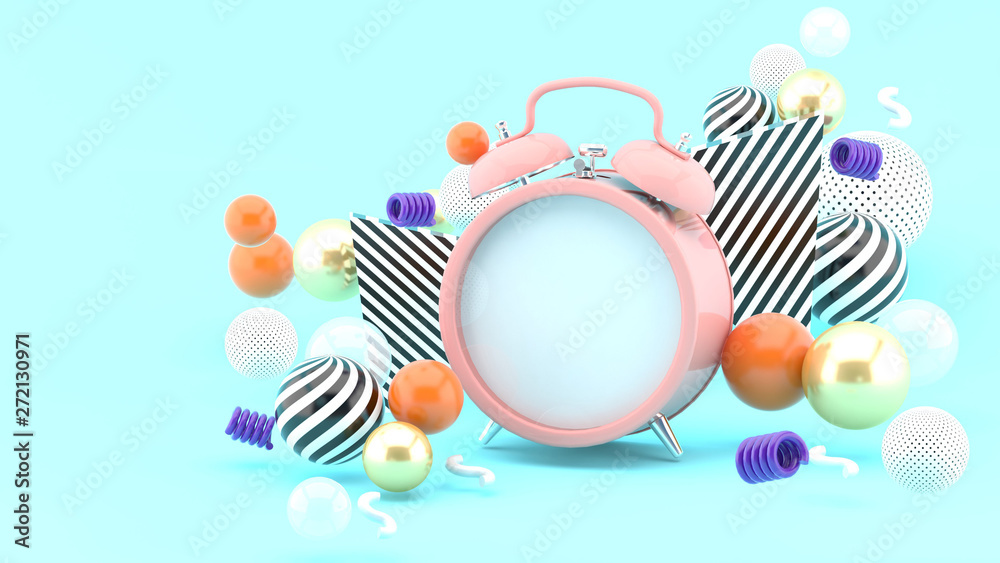 Clock surrounded by colorful balls on a blue background.-3d rendering. Clock surrounded by colorful balls on a blue background.-3d rendering.