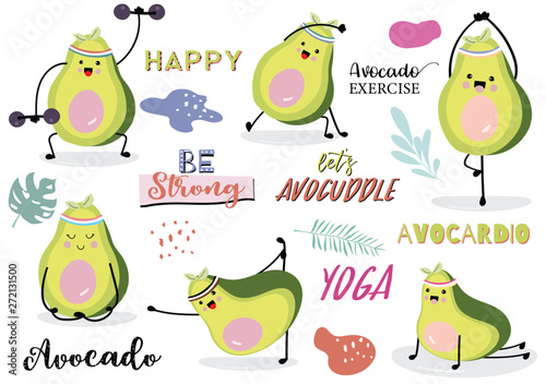 Collection of green avocado card set with leaf,avocado exercise. Let's avocuddle