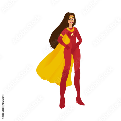Female superhero with long hair and flying cloak standing in a red costume.