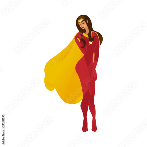 Female sexy superhero and superwoman with long hair and flying cloak standing, shy and flirting.