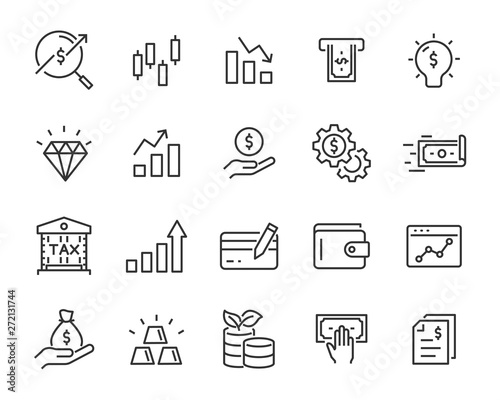 set of finance icons, such as currency, money, coin, statement, balance, safe, bank