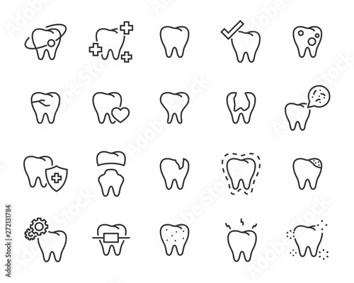 set of tooth line icons, such as dentist, toothbrush, dental, clean