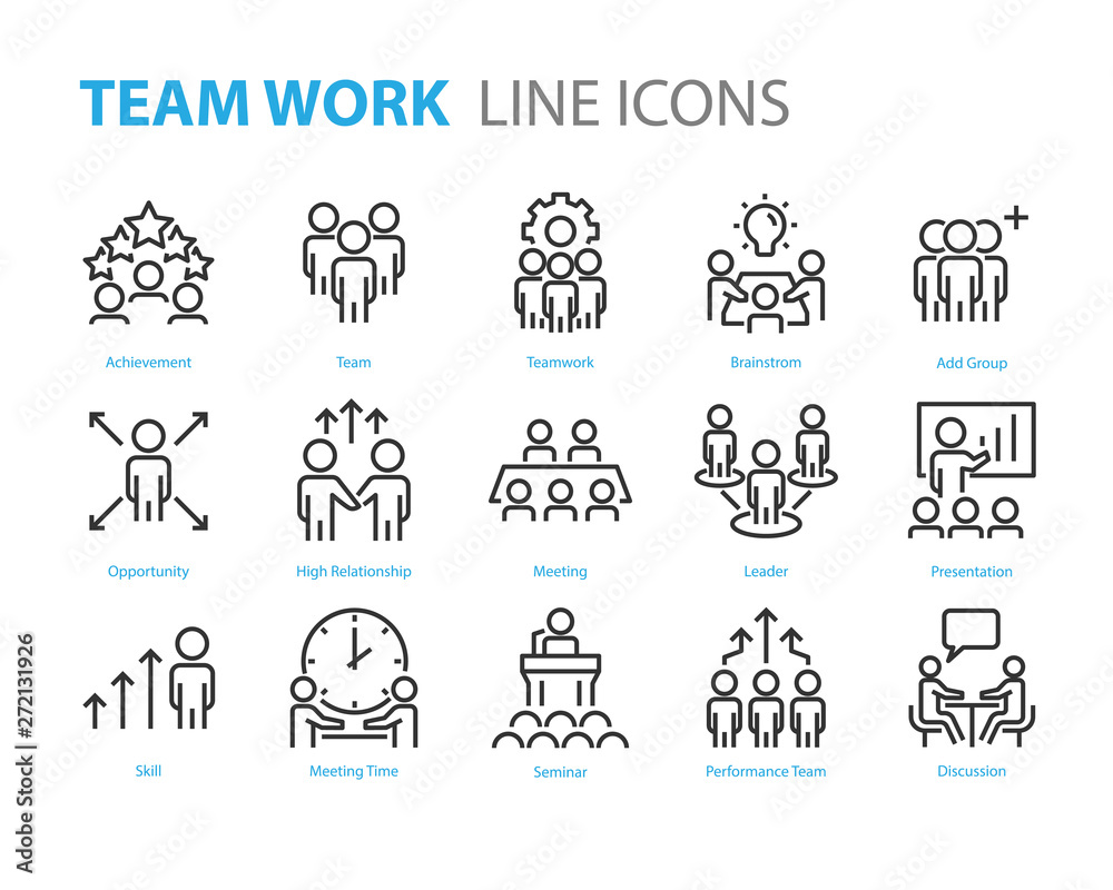 set of people line icons, such as team, meeting, video conference, group, management, leader