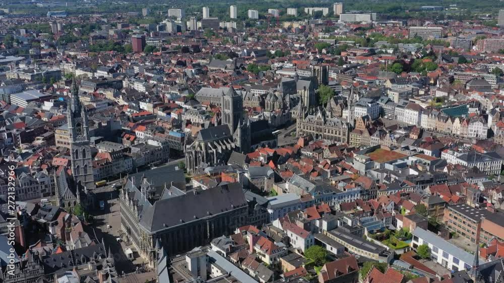 Aerial view of cityscape of Ghent, historic center of city, Saint Nicholas' Church (Sint-Niklaaskerk) Scheldt Gothic style - landscape panorama of Belgium from above, Europe Aerial view of cityscape of Ghent, historic center of city, Saint Nicholas' Church (Sint-Niklaaskerk) Scheldt Gothic style - landscape panorama of Belgium from above, Europe