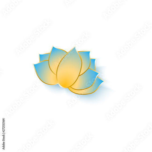 Decorative blue yellow flower with golden contour in paper art realistic style