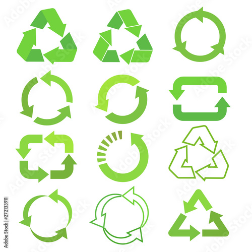 Recycled eco vector icon set, cycle and triangle arrows in a flat style. Recycled green arrows eco sign set. Vector illustration isolated on white background