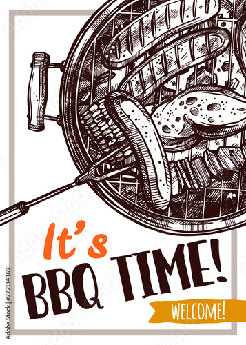 Barbecue vector hand drawn party poster with sausages, meat and chicken on grill. Sketch bbq design with typography