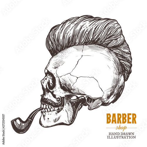 Hand drawn human skull with trendy haircut, mustache and vintage smoking pipe in the profile. Vector sketch engraving barbershop illustration