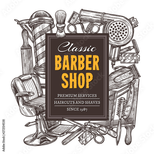 Hand drawn vector barber shop background with sketch engraving illustration. Monochrome templates design for hair salon