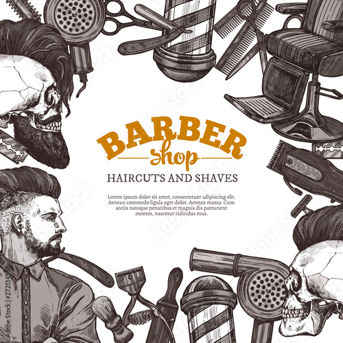 Hand drawn vector barber shop background with sketch engraving illustration. Monochrome templates design for hair salon