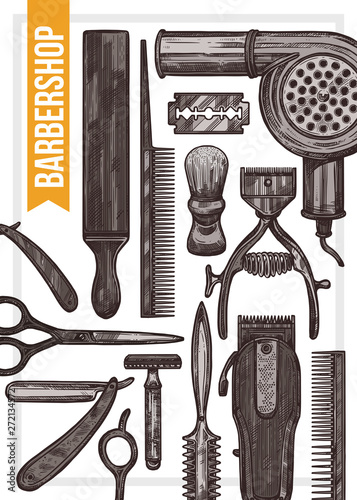 Hand drawn vector barber shop poster with barbershop equipment. Design with sketch engraving illustration and typography