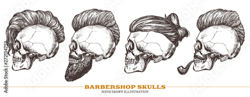 Set of hand drawn human skull with trendy haircut, mustache and vintage smoking pipe in the profile. Vector sketch engraving collection barbershop illustration