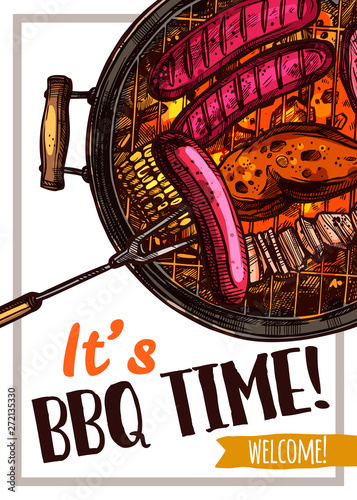 Barbecue vector hand drawn party poster with sausages, meat and chicken on grill. Sketch bbq design with typography