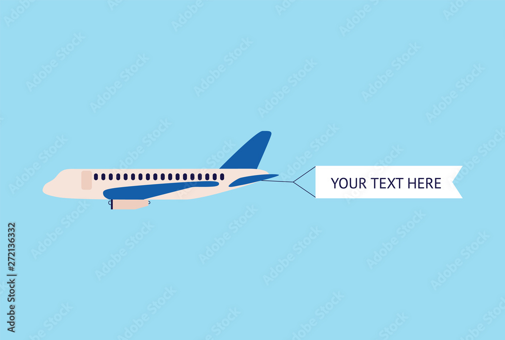 Airplane or plane blank advertising banner flat vector illustration on blue.