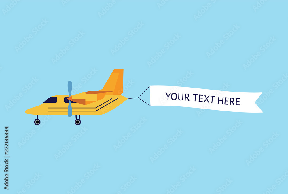 Plane or biplane with the ribbon banner flat vector illustration isolated on blue.