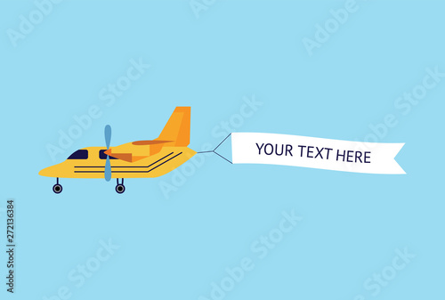Plane or biplane with the ribbon banner flat vector illustration isolated on blue.