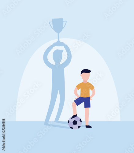 Child a soccer player drops winner shadow with trophy cup flat vector illustration.