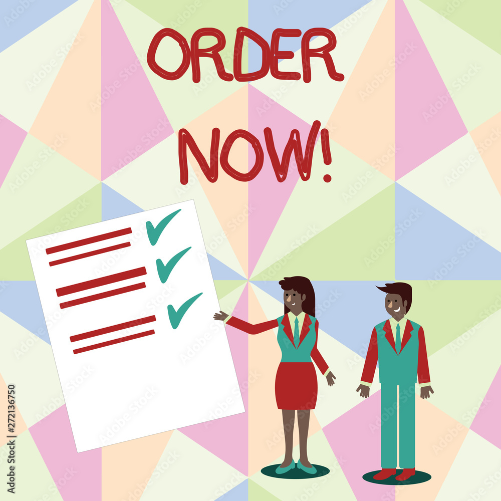 Text sign showing Order Now. Business photo text confirmed request by one party to another to buy sell Man and Woman in Business Suit Presenting Report of Check and Lines on Paper Text sign showing Order Now. Business photo text confirmed request by one party to another to buy sell Man and Woman in Business Suit Presenting Report of Check and Lines on Paper