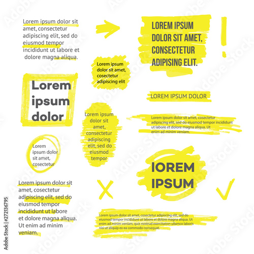 A set of lines or strokes and shapes, marks and spots, underlines and frames from the yellow marker or highlighter. photo