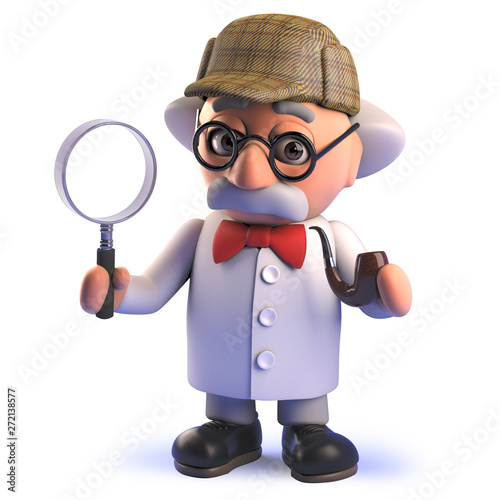 Crazy mad scientist cartoon character in 3d dressed like Sherlock Holmes holding a magnifying glass