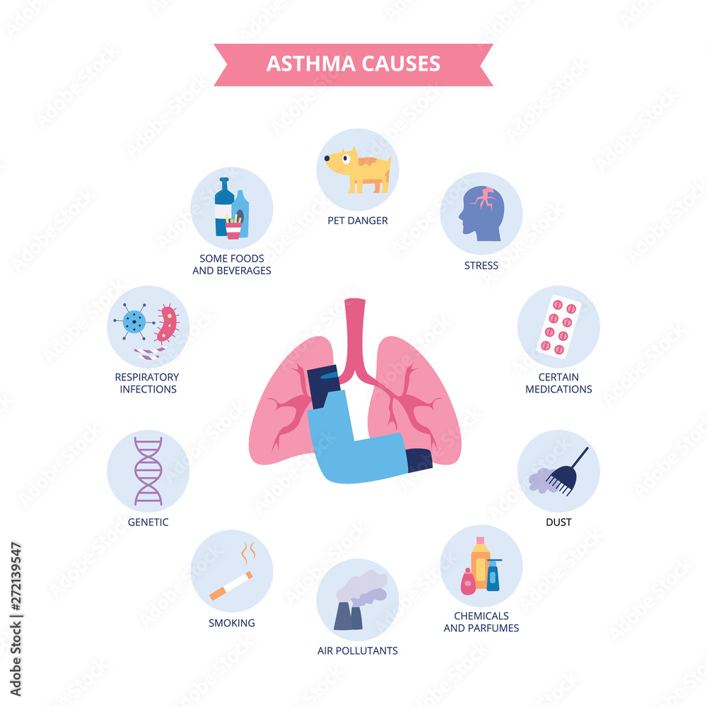 Infographics of bronchial asthma causes flat cartoon style Infographics of bronchial asthma causes flat cartoon style