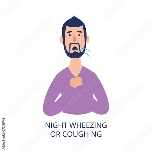 Man holding his chest coughing and wheezing at night flat cartoon style