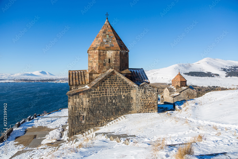 Sevanavank  temple complex on  Lake Sevan in winter,Armenia.