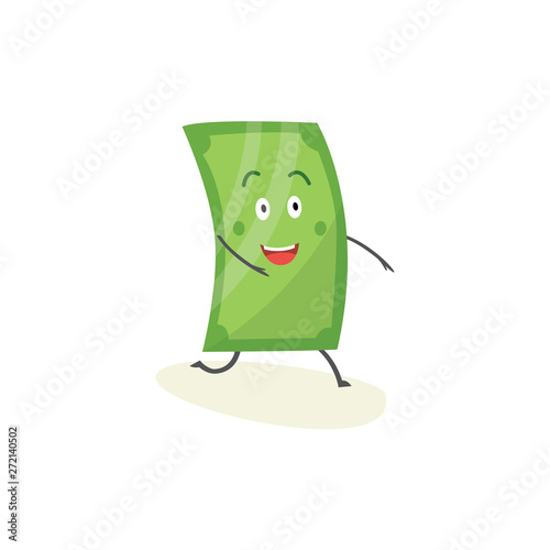 Happy dollar bill cartoon character, cute green money mascot with smiling face running forward