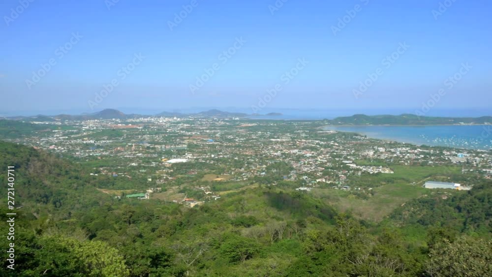 Phuket and Chalong Bay aerial panorama scenic view cityscape. Panning right. Phuket and Chalong Bay aerial panorama scenic view cityscape. Panning right.