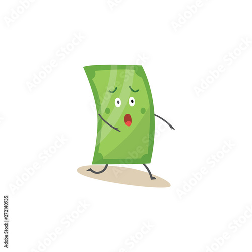 Shocked green dollar character standing on one knee cartoon style