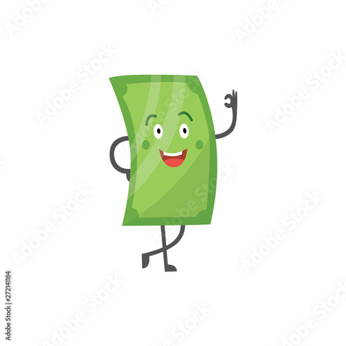 Money character, green cartoon comic dollar and paper banknote showing ok gesture and smiling.