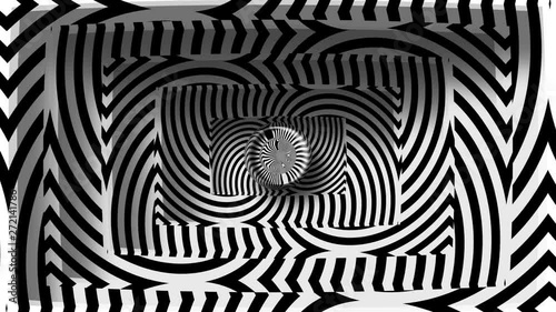 Hypnotic motion background with twisting rays in different sections and lens sphere in center. Swirling abstraction reflected in several screens. Seamless looping animation.