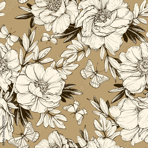 Seamless floral pattern with peonies.