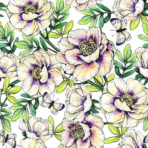 Seamless floral pattern with peonies.