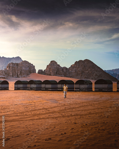  Traditional Arabic Coffee Pot. Tourist tents in Wadi Rum dessert in Jordan. Travel Concept  photo