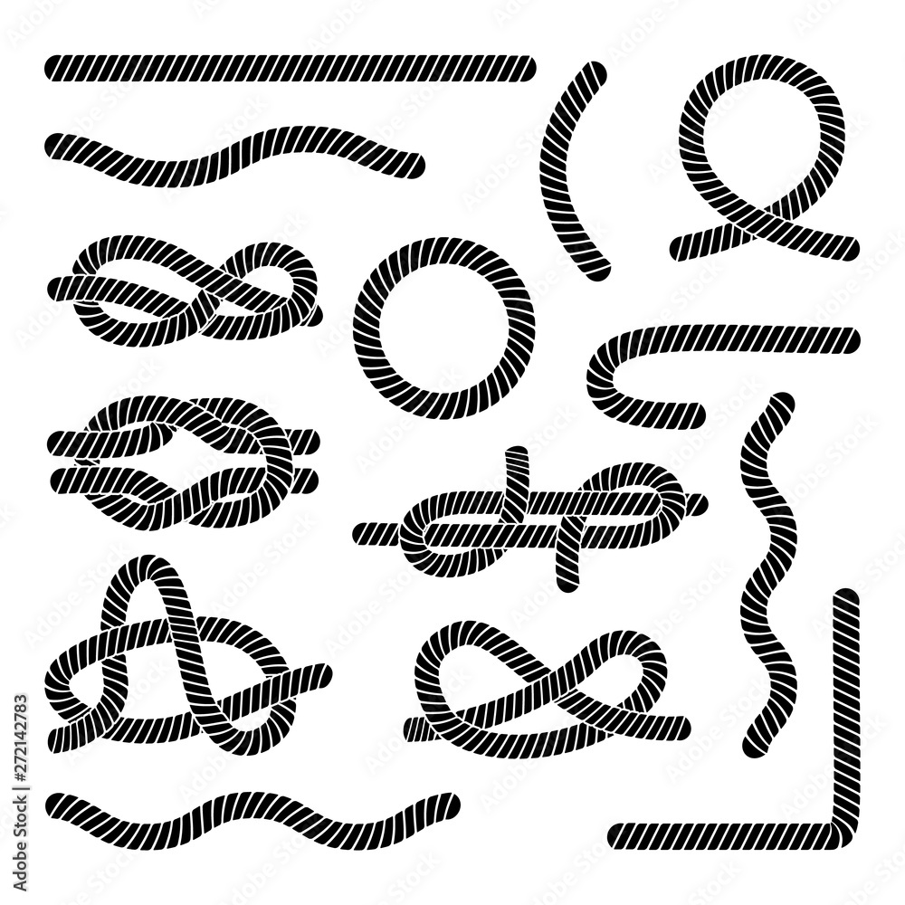 Set of different black rope elements and knots flat style