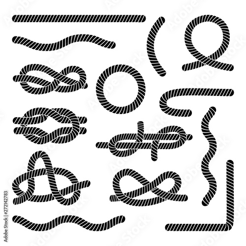 Set of different black rope elements and knots flat style