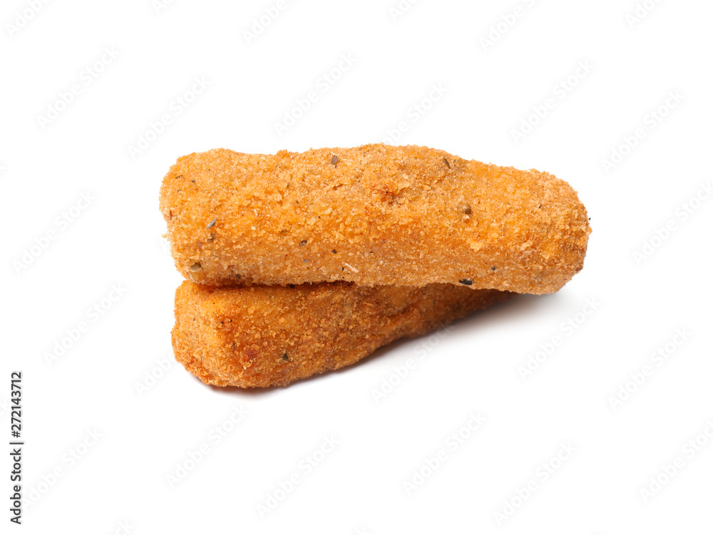 Tasty crispy cheese sticks isolated on white