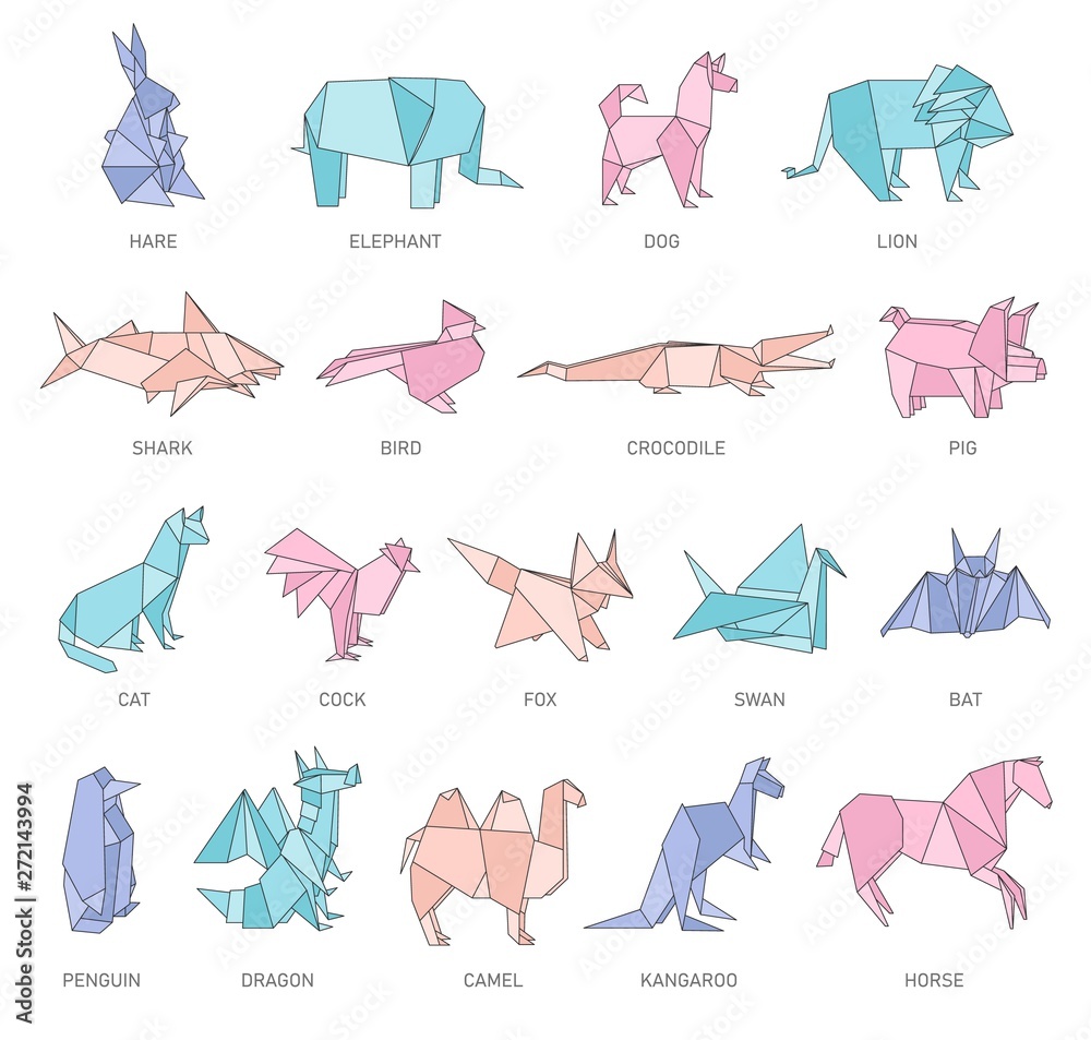 Set of animals origami figures in geometric flat outline style Stock Vector  | Adobe Stock