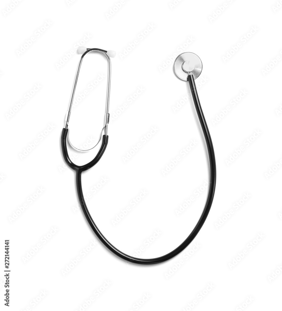Stethoscope isolated on white, top view. Medical tool Stethoscope isolated on white, top view. Medical tool