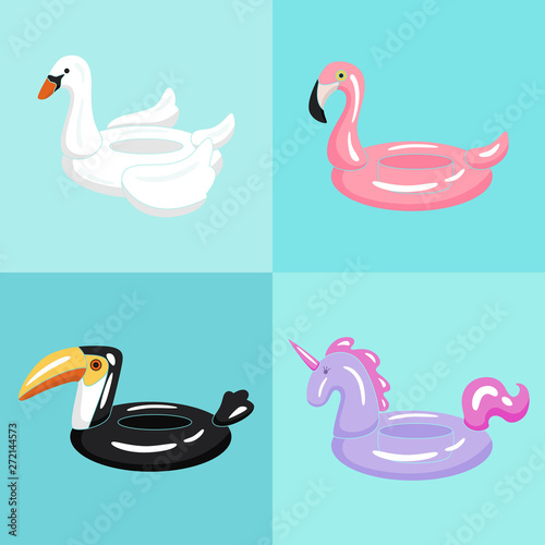 Inflatable toys for swimming pool: unicorn, flamingo, toucan, swan. Vector illustration.