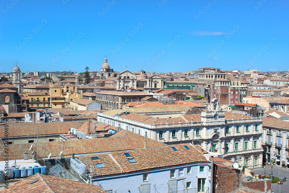 Amazing view of historical city Catania, Sicily, Italy taken from above from roofs of historical buildings in the old town. The city is a popular tourist destination