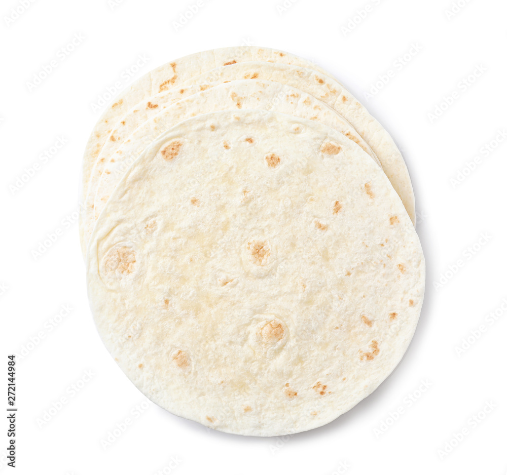 Corn tortillas on white background, top view. Unleavened bread Corn tortillas on white background, top view. Unleavened bread