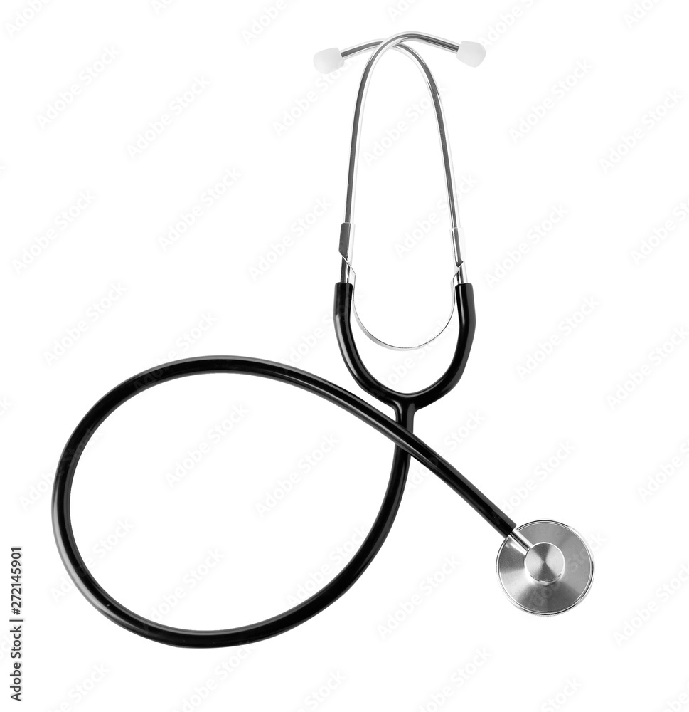 Stethoscope on white background, top view. Medical device Stethoscope on white background, top view. Medical device